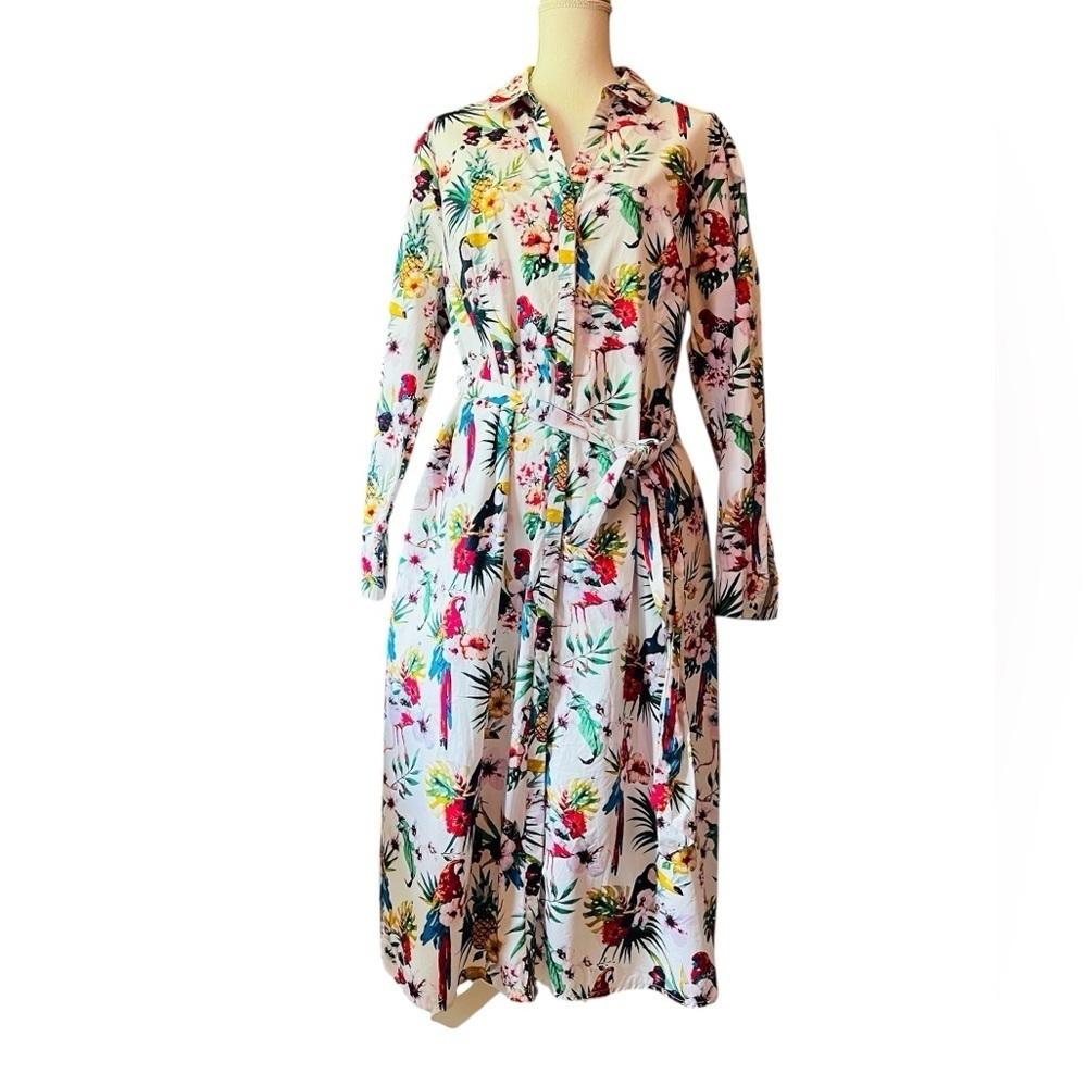 Per Una Multi-color Buttoned Tropical Bird Pattern Belted Dress Size 18
